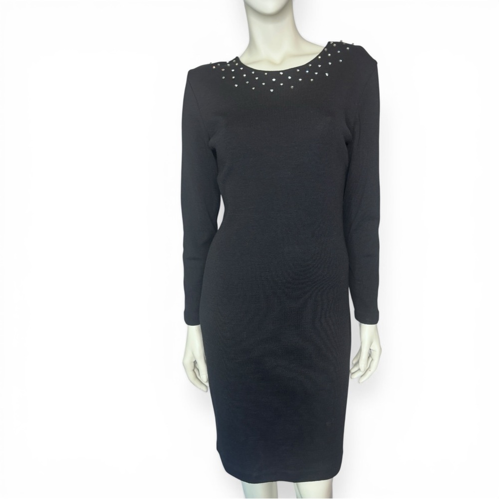 Vintage 80's Rhinestone Outlander Studio Black Long-Sleeve Knit Dress S‎